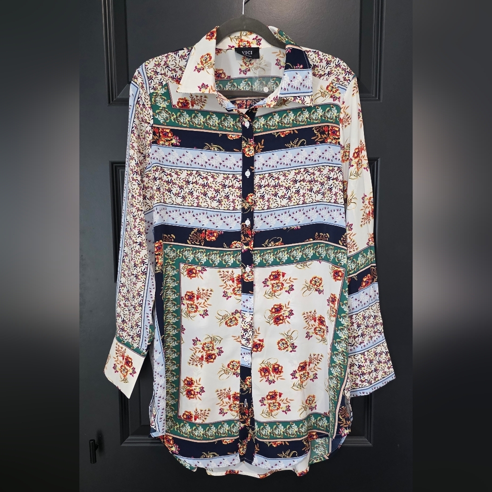Vici Shirt Dress Cream Or Swim Cover Floral Patchwork Button-Down